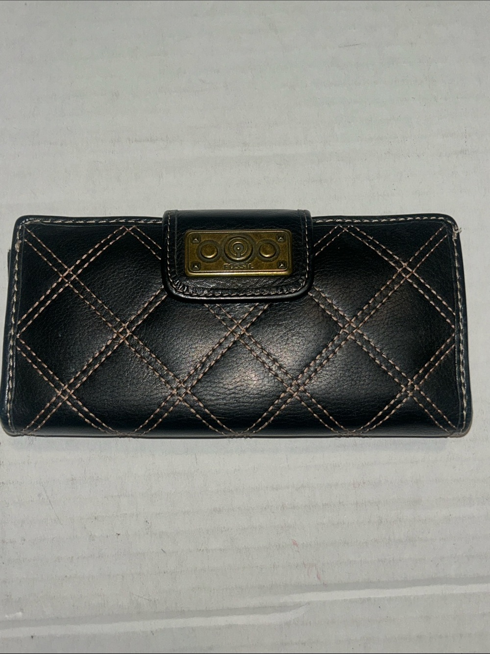 Fossil quilted black leather long wallet clutch